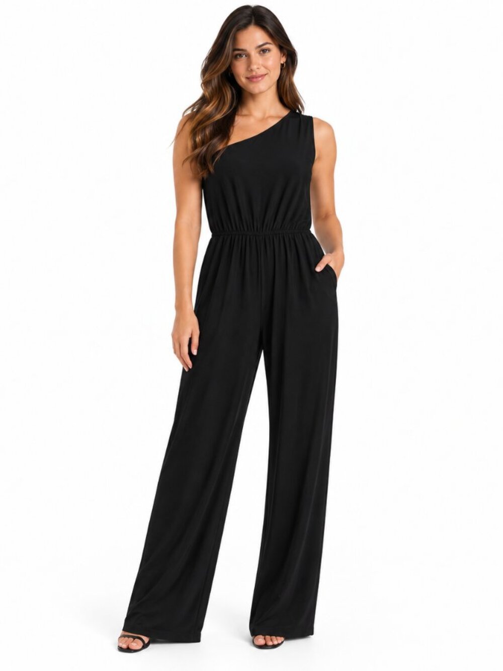 Missguided Slinky One Shoulder Wide Leg Jumpsuit Black Tailored 6 S